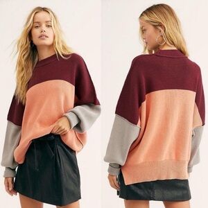 Free People East Street peach combo colorblock oversized knit sweater top